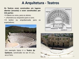 A Arquitetura - Teatros
Os Teatros eram construidos em lugares
abertos (encosta) e eram constituidos por
três partes:
• A Skene ou cena, para os atores.
• a Konistra ou orquestra para o coro.
• O koilon ou arquibancada para os
espetadores.
Um exemplo típico é o Teatro de
Epidauro, construido no sec IV a.C.,
ao ar livre.
13
 