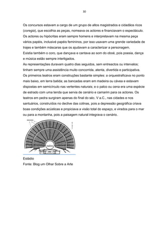 30
Os concursos estavam a cargo de um grupo de altos magistrados e cidadãos ricos
(coregia), que escolhia as peças, nomeava os actores e financiavam o espectáculo.
Os actores ou hipócritas eram sempre homens e interpretavam na mesma peça
vários papéis, inclusivé papéis femininos, por isso usavam uma grende variedade de
trajes e também máscaras que os ajudavam a caracterizar a personagem.
Existia também o coro, que dançava e cantava ao som do oboé, pois poesia, dança
e música estão sempre interligados.
As representações duravam quatro dias seguidos, sem entreactos ou intervalos;
tinham sempre uma assistência muito concorrida, atenta, divertida e participativa.
Os primeiros teatros eram construções bastante simples: a orquestraficava no ponto
mais baixo, em terra batida; as bancadas eram em madeira ou cávea e estavam
dispostas em semicírculo nas vertentes naturais; e o palco ou cena era uma espécie
de estrado com uma tenda que servia de cenário e camarim para os actores. Os
teatros em pedra surgiram apenas do final do séc. V a.C., nas cidades e nos
santuários, construídos no declive das colinas, pois a depressão geográfica criava
boas condições acústicas e propiciava a visão total do espaço, e virados para o mar
ou para a montanha, pois a paisagem natural integrava o cenário.
Estádio
Fonte: Blog um Olhar Sobre a Arte
 