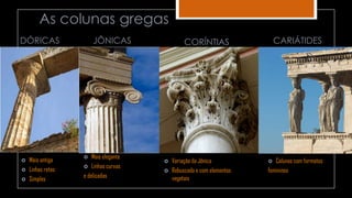  Mais elegante
 Linhas curvas
e delicadas
DÓRICAS JÔNICAS
 Mais antiga
 Linhas retas
 Simples
 Variação da Jônica
 Rebuscada e com elementos
vegetais
 Colunas com formatos
femininos
As colunas gregas
CORÍNTIAS CARIÁTIDES
 