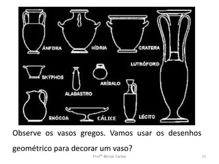 Observe os vasos gregos. Vamos usar os desenhos 
geométrico para decorar um vaso? 
Profª Mírian Carlos 22 
 