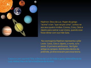 Hipérion: Deus da Luz. Hyper do grego:  “acima” e íon: “que vai por cima”. Juntou-se aos seus quatro irmãos: Cronos, Crios, Céos e Jápeto para castrar o pai Urano, quando esse fosse deitar com sua mãe Gaia. Na cosmogonia Hipérion representa o pilar Leste. Caios, Céos e Jápeto, o norte, sul e oeste. O primeiro astrônomo.  No Egito antigo os canopos  distribuídos dentro da pirâmide, já direcionavam para essa teoria. Casous-e com sua irmã Téia: a Deusa da Luz da Visão e gerou Selene(Deusa da Lua), Helios( Deus do Sol e Eos(Deusa da Aurora). 