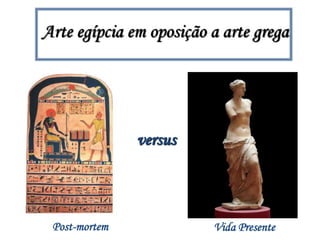 Arte egípcia em oposição a arte grega
versus
Post-mortem Vida Presente
 