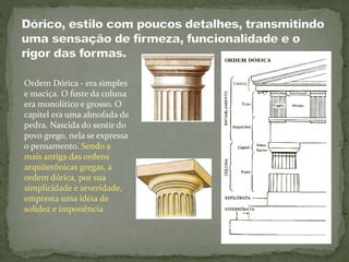 Ordem Dórica - era simples
e maciça. O fuste da coluna
era monolítico e grosso. O
capitel era uma almofada de
pedra. Nascida do sentir do
povo grego, nela se expressa
o pensamento. Sendo a
mais antiga das ordens
arquitetônicas gregas, a
ordem dórica, por sua
simplicidade e severidade,
empresta uma idéia de
solidez e imponência
 