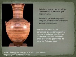 Anfora de Dipylon. 760-750. A. c. Alt. 1,55m. Museu
Arqueológico de Atenas. Grécia.
As ânforas (vasos) com boca larga,
simbolizavam as mulheres que
pegavam água.
As ânforas (Jarros) com gargalo
alongado, simbolizavam os homens
que derramam vinhos.
Por volta de 800 a. C. os
ceramistas gregos começaram a
decorar a cerâmica com figuras
humanas e animais, inseridas
entre o esquema geométrico da
parte periférica do vaso.
 