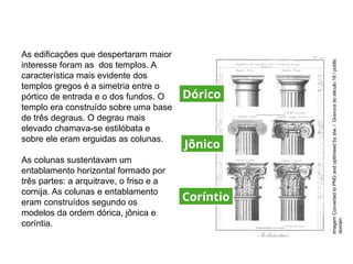 As edificações que despertaram maior
interesse foram as dos templos. A
característica mais evidente dos
templos gregos é a simetria entre o
pórtico de entrada e o dos fundos. O
templo era construído sobre uma base
de três degraus. O degrau mais
elevado chamava-se estilóbata e
sobre ele eram erguidas as colunas.
As colunas sustentavam um
entablamento horizontal formado por
três partes: a arquitrave, o friso e a
cornija. As colunas e entablamento
eram construídos segundo os
modelos da ordem dórica, jônica e
coríntia.
ARTE, 2° Ano do Ensino Médio
Arte Grega – Escultura, Mitologia e Teatro
Imagem
Converted
to
PNG
and
optimised
by
stw.
/
Gravura
do
século
18
/
public
domain.
Dórico
Coríntio
Jônico
 