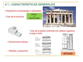 4.1.- CARACTERÍSTICAS GENERALES Arquitectura arquitrabada o adintelada Uso de la piedra (mármol) con sillares regulares a soga y tizón Uso de la columna Medida y proporción Correcciones ópticas DINTEL  O  ARQUITRABE ÉNTASIS 
