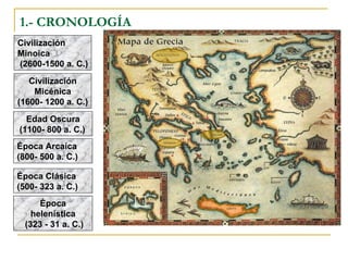 1.- CRONOLOGÍA Civilización  Minoica (2600-1500 a. C.) Civilización Micénica  (1600- 1200 a. C.) Edad Oscura (1100- 800 a. C.) Época Arcaica  (800- 500 a. C.)  Época Clásica  (500- 323 a. C.)  Época helenística (323 - 31 a. C.) 