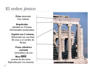 El orden jónico
        Friso, decorado
         Con relieves

         Arquitrabe
    (dividido en 3 franjas
  Horizontales escalonadas)
    Capitel con 2 volutas,
    (Decorado con una línea
    De ovas y un cordón de
            Perlas)

        Fuste cilíndrico
           estriado
       (monolítico, de una
        Basa pieza)
             ática
    (consta de dos toros
 Separados por una escocia)
 
