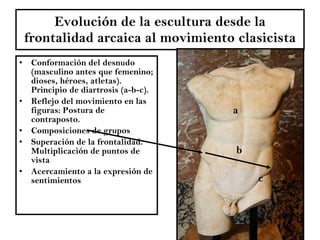 Evolución de la escultura desde la frontalidad arcaica al movimiento clasicista Conformación del desnudo (masculino antes que femenino; dioses, héroes, atletas). Principio de diartrosis (a-b-c). Reflejo del movimiento en las figuras: Postura de contraposto. Composiciones de grupos Superación de la frontalidad. Multiplicación de puntos de vista Acercamiento a la expresión de sentimientos a b c 