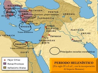 PERIODO HELENÍSTICO (Fin siglo IV a I a.C., con la incorporación Al Imperio Romano) Atenas Principales escuelas escultóricas Temas cotidianos y alegorías Temas dramáticos Patetismo, grupos complejos Retratos; clasicismo 