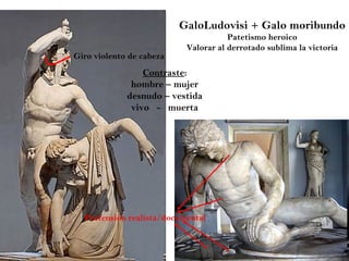 GaloLudovisi + Galo moribundo Patetismo heroico Valorar al derrotado sublima la victoria Pretensión realista/documental Giro violento de cabeza Contraste : hombre – mujer desnudo – vestida vivo  -  muerta 