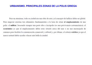 URBANISMO. PRINCIPALES ZONAS DE LA POLIS GRIEGA
 