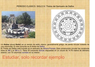 PERIODO CLÁSICO. SIGLO IV. Tholos del Santuario de Delfos.




Un tholos (plural tholoi) es un templo de estilo clásico, generalmente griego, de planta circular rodeado de
una columnata. El más conocido es el tholos de Delfos
El Tholos de Delfos está incluido en el santuario de Athena Pronaia. Esta construcción circular fue construida
entre el 380 y el 360 a. C. Tiene 20 columnas dóricas dispuestas en un círculo de 14.76 metros de diámetro
exterior, con 10 columnas corintias en su interior.


 Estudiar, solo recordar ejemplo
 