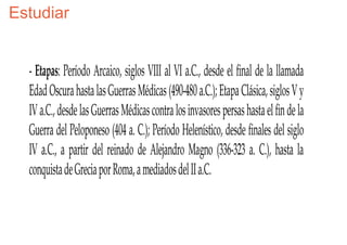 Estudiar


  - Etapas: Período Arcaico, siglos VIII al VI a.C., desde el final de la llamada
  Edad Oscura hasta las Guerras Médicas (490-480 a.C.); Etapa Clásica, siglos V y
  IV a.C., desde las Guerras Médicas contra los invasores persas hasta el fin de la
  Guerra del Peloponeso (404 a. C.); Período Helenístico, desde finales del siglo
  IV a.C., a partir del reinado de Alejandro Magno (336-323 a. C.), hasta la
  conquista de Grecia por Roma, a mediados del II a.C.
 