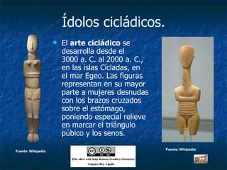 Ídolos cicládicos. El  arte cicládico  se desarrolla desde el 3000 a. C. al 2000 a. C., en las islas Cícladas, en el mar Egeo. Las figuras representan en su mayor parte a mujeres desnudas con los brazos cruzados sobre el estómago, poniendo especial relieve en marcar el triángulo púbico y los senos.  Fuente: Wikipedia Fuente: Wikipedia 