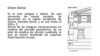 Orden Dórico
Es el más antiguo y sobrio. Da una
sensación de mayor pesadez. Se
desarrolló en la región occidental de
Grecia, llamada Doria, y se usó hasta el
100 a. C.
Deriva de las antiguas construcciones en
madera del periodo geométrico, de un
pilar de madera de sección cuadrada, al
que se fueron biselando las esquinas
hasta hacerlo circular.
 