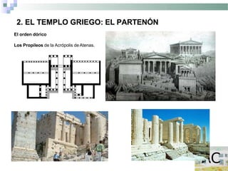 2. EL TEMPLO GRIEGO: EL PARTENÓN
El orden dórico
Los Propíleos de la Acrópolis de Atenas.
 