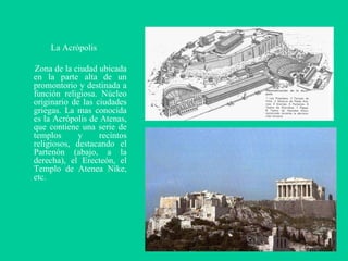 La Acrópolis Zona de la ciudad ubicada en la parte alta de un promontorio y destinada a función religiosa. Núcleo originario de las ciudades griegas. La mas conocida es la Acrópolis de Atenas, que contiene una serie de templos y recintos religiosos, destacando el Partenón (abajo, a la derecha), el Erecteón, el Templo de Atenea Nike, etc. 