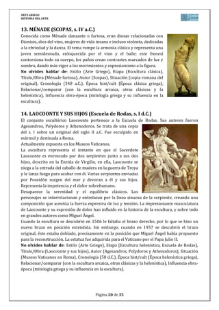 ARTE GRIEGO
HISTORIA DEL ARTE
Página 20 de 29
15. VICTORIA DE SAMOTRACIA (Escuela de Rodas, s. II a.C.)
La Victoria alada de Samotracia, escultura perteneciente a la
escuela de Rodas del periodo helenístico. Se encuentra en el
Museo del Louvre, París. Tiene una altura de 245 cm. y se
elaboró en mármol hacia el 190 a.C. Procede del santuario de los
Cabiros en Samotracia y conmemora la victoria naval de Rodas
contra Siria.
Algunos expertos la atribuyen con cierta probabilidad a
Pithókritos de Rodas. Fue descubierta en 1863 en la isla de
Samotracia por un cónsul francés aficionado a la arqueología
que la trasladó a París.
La figura femenina de la Victoria con alas se posa sobre la proa
de un navío, que actúa de pedestal de la figura femenina, cuyo
cuerpo presenta una leve y graciosa torsión. Va envuelta en un
fino chitón y un manto, ropajes que se adhieren al cuerpo
dejando traslucir su anatomía, tratamiento éste que recuerda a la denominada técnica de
"paños mojados".
Las ropas agitadas por el viento configuran el dramatismo, esta vez gozoso, tan característico
de la escuela escultórica de Rodas, una de las más barrocas del helenismo.
No olvides hablar de: Estilo (Arte Griego), Etapa (Escultura helenística, Escuela de Rodas),
Título/Obra (Victoria de Samotracia), Autor (Anónimo), Situación (isla de Samotracia, ahora
en el Louvre), Cronología (190 a.C.), Época hist/cult (Época helenística griega),
Relacionar/comparar (con la escultura arcaica, otras clásicas y la helenística), Influencia obra-
época (mitología griega y su influencia en la escultura).
16. RELIEVES ALTAR DE PÉRGAMO
(La información aparece en el apartado de la arquitectura referente al Altar de Pérgamo).
 