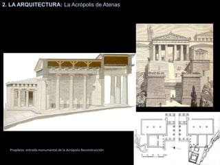 2. LA ARQUITECTURA: La Acrópolis de Atenas
Propileos: entrada monumental de la Acrópolis.Reconstrucción
 