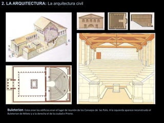 2. LA ARQUITECTURA: La arquitectura civil
Buleterion. Estos eran los edificios eran el lugar de reunión de los Consejos de las Polis. A la izquierda aparece reconstruido el
Buleterion de Mileto y a la derecha el de la ciudad e Priene.
 