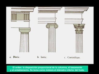 El orden: la disposición proporcional de la columna, el basamento
y el entablamento. Se toma como módulo el diámetro inferior del fuste.
 