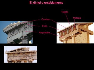 El dintel o entablamento
Cornisa
Friso
Arquitrabe
Triglifo
Metopa
 