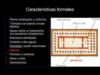 Características formales
• Planta rectangular y uniforme.
• *Templos con planta circular
(tholos).
• Apoya sobre un basamento
con escalones (krepidoma).
• Estructura adintelada.
• Cubierta a dos aguas.
• Perístasis: pasillo columnado
• Interior:
• Pronaos o vestíbulo
• Naos o cella
• Opistodomos
perístasis
 