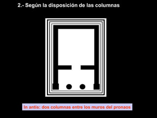 2.- Según la disposición de las columnas
In antis: dos columnas entre los muros del pronaos
 