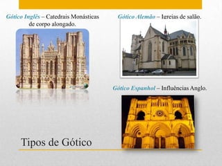Gótico Inglês – Catedrais Monásticas    Gótico Alemão – Igrejas de salão.
         de corpo alongado.




                                       Gótico Espanhol – Influências Anglo.




     Tipos de Gótico
 