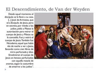 El Descendimiento, de Van der Weyden
     Desde aquel momento el
discípulo se la llevó a su casa.
     [...] José de Arimatea, que
  era discípulo de Jesús, pero
  en secreto, por miedo a los
         judíos, pidió a Pilatos la
   autorización para retirar el
  cuerpo de Jesús y Pilatos se
   la concedió. Fue y retiró el
cuerpo de Jesús. También fue
   Nicodemo, aquel que había
    ido de noche a ver a Jesús,
llevando como cien libras de
        mirra perfumada y áloe.
      Envolvieron el cuerpo de
 Jesús en lienzos perfumados
           con aquella mezcla de
  aromas, según la costumbre
      de enterrar a los judíos”.
 