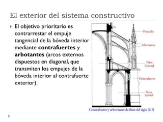 El exterior del sistema constructivo
   El objetivo prioritario es
    contrarrestar el empuje
    tangencial de la bóveda interior
    mediante contrafuertes y
    arbotantes (arcos externos
    dispuestos en diagonal, que
    transmiten los empujes de la
    bóveda interior al contrafuerte
    exterior).
 