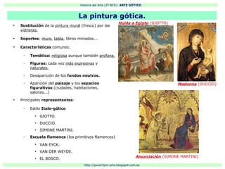 Historia del Arte (2º BCS): ARTE GÓTICO
Http://javier2pm-arte.blogspot.com.es
●
Sustitución de la pintura mural (fresco) por las
vidrieras.
●
Soportes: muro, tabla, libros miniados...
●
Características comunes:
– Temática: religiosa aunque también profana.
– Figuras: cada vez más expresivas y
naturales,
– Desaparición de los fondos neutros.
– Aparición del paisaje y los espacios
figurativos (ciudades, habitaciones,
salones...)
●
Principales representantes:
– Estilo Italo-gótico
●
GIOTTO.
●
DUCCIO.
●
SIMONE MARTINI.
– Escuela flamenca (los primitivos flamencos)
●
VAN EYCK.
●
VAN DER WEYDE.
●
EL BOSCO.
La pintura gótica.
Huida a Egipto (GIOTTO)
Madonna (DUCCIO)
Anunciación (SIMONE MARTINI)
 