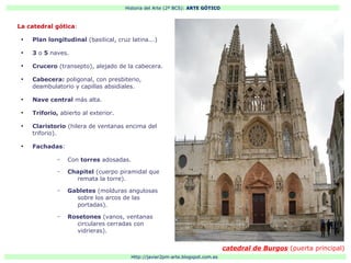 Historia del Arte (2º BCS): ARTE GÓTICO
Http://javier2pm-arte.blogspot.com.es
catedral de Burgos (puerta principal)
La catedral gótica:
●
Plan longitudinal (basilical, cruz latina...)
●
3 o 5 naves.
●
Crucero (transepto), alejado de la cabecera.
●
Cabecera: poligonal, con presbiterio,
deambulatorio y capillas absidiales.
●
Nave central más alta.
●
Triforio, abierto al exterior.
●
Claristorio (hilera de ventanas encima del
triforio).
●
Fachadas:
– Con torres adosadas.
– Chapitel (cuerpo piramidal que
remata la torre).
– Gabletes (molduras angulosas
sobre los arcos de las
portadas).
– Rosetones (vanos, ventanas
circulares cerradas con
vidrieras).
 
