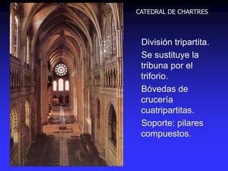 CATEDRAL DE CHARTRES
División tripartita.
Se sustituye la
tribuna por el
triforio.
Bóvedas de
crucería
cuatripartitas.
Soporte: pilares
compuestos.
 