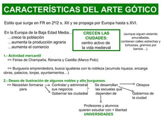 Estilo que surge en FR en 2ª/2 s. XII y se propaga por Europa hasta s.XVI.
En la Europa de la Baja Edad Media…
…crece la población
…aumenta la producción agraria
…aumenta el comercio
CARACTERÍSTICAS DEL ARTE GÓTICO
(aunque siguen estando
amuralladas,
contienen calles estrechas y
tortuosas, gremios por
barrios…).
CRECEN LAS
CIUDADES:
centro activo de
la vida medieval
1.- Actividad mercantil
=> Ferias de Champaña, Renania y Castilla (Marco Polo)
=> Burguesía emprendedora, busca igualarse con la nobleza (acumula riqueza, encarga
obras, palacios, lonjas, ayuntamientos…)
2.- Deseo de ilustración de algunos nobles y alto burgueses.
=> Necesitan formarse Controlar y administrar Se desarrollan Obispos
para sus negocios las escuelas que
Gobernar las ciudades dependen de Gobiernos de
la ciudad
Profesores y alumnos
quieren estudiar con + libertad
UNIVERSIDADES
 