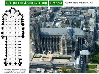 GÓTICO CLÁSICO – s. XIII Francia Catedral de Reims (s. XIII)
(Toda ella es gótico clásico
excepto la fachada occ.)
 