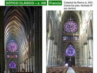 GÓTICO CLÁSICO – s. XIII Francia Catedral de Reims (s. XIII)
(hacia los pies, fachada W
por dentro)
 