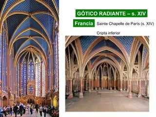 GÓTICO RADIANTE – s. XIV
Francia Sainte Chapelle de París (s. XIV)
Cripta inferior
 