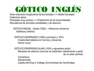 GÓTICO INGLÉSGran extensión longitudinal de los templos => Doble transepto
Cabecera plana
Fachadas muy anchas => Predominio de la horizontalidad
Abundancia de bóvedas estrelladas y de abanico.
GÓTICO INICIAL (hasta 1250) – Influencia románica
Salisbury (triforio)
GÓTICO ADORNADO (1250 a principio s. XIV)
Creatividad plástica en nervios y tracerías
Horror vacui
GÓTICO PERPENDICULAR (1335 y siguientes años)
Bóvedas de abanico (nervios se extienden radialmente a partir
de un pilar central)
Canterbury
Westminster
Capilla del King´s College (Universidad de Cambridge)
 