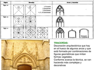 TRACERÍAS:
Decoración arquitectónica que hay
en el hueco de algunos arcos y que
está formada por combinaciones de
figuras geométricas que imitan
formas vegetales.
Conforme avanza la técnica, se van
haciendo más complejas y
decorativas
 