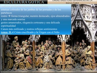 CARACTERÍSTICAS GENERALES DE LA
ESCULTURA
carácter predominantemente arquitectónico
estatuas colosales de las jambas de las portadas y de los
parteluces
rostro  forma triangular, mentón destacado, ojos almendrados
y una marcada sonrisa
gestos amanerados, elegancia cortesana y una delicada
espiritualidad
Canon más estilizado y rostros reflejan sentimientos
temas  el Cristo crucificado y la Virgen con el Niño
 