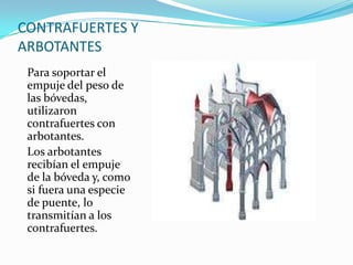CONTRAFUERTES Y ARBOTANTESPara soportar el empuje del peso de las bóvedas, utilizaron contrafuertes con arbotantes.Los arbotantes recibían el empuje de la bóveda y, como si fuera una especie de puente, lo transmitían a los contrafuertes.