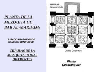 MIHRAB
                       desaparecido



PLANTA DE LA
MEZQUITA DE
BAB AL-MARDUM:

 ESPACIO FRAGMENTADO
 EN NUEVE CUADRADOS



  CÚPULAS DE LA                       Cuatro Columnas

 MEZQUITA: TODAS
   DIFERENTES
                                     Planta
                                  Cuadrangular
 