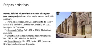 Etapas artísticas
Dentro del arte hispanomusulmán se distinguen
cuatro etapas (similares a las ya vista en su evolución
política):
1.- Período cordobés. Del 711 (conquista de Tarik y
Muza) a la caída del Califato de Córdoba, en 1031.
Mezquita de Córdoba.
2.- Reinos de Taifas. Del 1031 al 1085. Aljafería de
Zaragoza.
3.-Dinastías Africanas: Almorávides y Almohades.
De 1085 a 1230. Giralda de Sevilla.
4.- Reino Nazarita. De 1238 hasta 1492 (toma de
Granada). Alhambra de Granada.
 