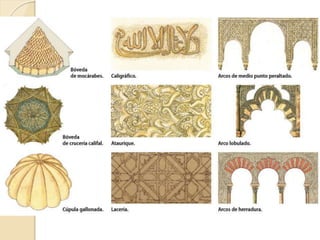 DECORACIÓN: 
 Geométrica: frecuente es la lacería. 
 Vegetal: ataurique. 
 Epigráfica o Caligráfica: con dos tipos: la cúfica, más angulosa y de 
trazos alargados, y las nesji redondeada. 
 Arabescos: mezcla de motivos que se repiten. 
 