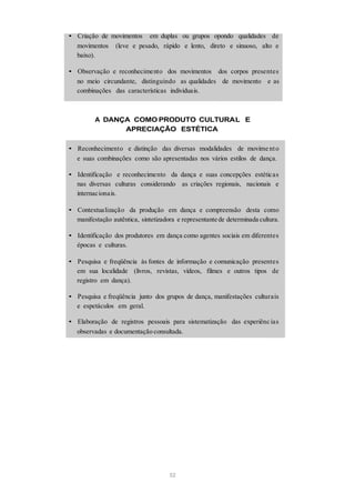 • Criação de movimentos em duplas ou grupos opondo qualidades de
movimentos (leve e pesado, rápido e lento, direto e sinuoso, alto e
baixo).
• Observação e reconhecimento dos movimentos dos corpos presentes
no meio circundante, distinguindo as qualidades de movimento e as
combinações das características individuais.
A DANÇA COMO PRODUTO CULTURAL E
APRECIAÇÃO ESTÉTICA
• Reconhecimento e distinção das diversas modalidades de movime nto
e suas combinações como são apresentadas nos vários estilos de dança.
• Identificação e reconhecimento da dança e suas concepções estéticas
nas diversas culturas considerando as criações regionais, nacionais e
internacionais.
• Contextualização da produção em dança e compreensão desta como
manifestação autêntica, sintetizadora e representante de determinada cultura.
• Identificação dos produtores em dança como agentes sociais em diferentes
épocas e culturas.
• Pesquisa e freqüência às fontes de informação e comunicação presentes
em sua localidade (livros, revistas, vídeos, filmes e outros tipos de
registro em dança).
• Pesquisa e freqüência junto dos grupos de dança, manifestações culturais
e espetáculos em geral.
• Elaboração de registros pessoais para sistematização das experiênc ias
observadas e documentação consultada.
52
 