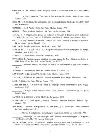 GARDNER, H. Art, mind and brain. A cognitive approach to creativity. Nova York: Basic Books,
1982.
__________. A criança pré-escolar. Como pensa e como a escola pode ensiná-la. Porto Alegre: Artes
Médicas, 1994.
GIOS, M. H. M. Caldeira Filho: contribuições para a música brasileira. São Paulo: ECA/USP, 1989
(tese de doutorado).
GOMBRICH, E. H. Norma e forma. São Paulo: Martins Fontes, 1990.
GOMES, L. Contos populares brasileiros. São Paulo: Melhoramentos, 1985.
GÓMEZ, A. P. O pensamento prático do professor: a formação do professor como profissional
reflexivo. In: NÓVOA, A. (org.). Os professores e sua formação. Lisboa: Don Quixote, 1992.
GRILLO, N. (org.). Histórias de Nasrudin. Tradução de Monica Cromberg e Henrique Cukierman.
Rio de Janeiro: Edições Dervish, 1994.
HARVEY, D. Condição pós-moderna. São Paulo: Loyola, 1992.
HERNANDEZ, F. e VENTURA, M. La organización del currículum por proyetos de trabajo.
Barcelona: Grab & Ice, 1992.
HUIZINGA, J. Homo ludens. São Paulo: Perspectiva, 1980.
IAVELBERG, R. Acrítica enquanto disciplina no ensino da arte. In: Arte & Educação em Revista, p.
85-91. Porto Alegre: Ed. Rede Arte na Escola Pólo, UFRGS.
. O desenho cultivado da criança. In: Arte nasala de aula. Porto Alegre: Artes Médicas,
1995.
JAMESON, K. Pre-school and infant art. Londres: Studio V. London, s/d.
KANDINSKY, V. Doespiritual na arte. São Paulo: Martins Fontes, 1990.
KIEFFER, B. Villa Lobos e o modernismo na música brasileira. Porto Alegre: Movimento, 1981.
KLEE, P. Diários. São Paulo: Martins Fontes, 1990.
KOELLREUTTER, H. J. Introdução à estética e à composição musical contemporânea. Porto Alegre:
Movimento, 1987.
__________. Educação musical noterceiro mundo: função, problemas e possibilidades (1). São Paulo:
Atravéz, 1990.
LANGER, S. K. Sentimento e forma. São Paulo: Perspectiva, 1980.
LEVI-STRAUSS, C. Arte, lenguaje y etnología. Entrevistas de George Charboner. México: Siglo
Veintiuno, 1969.
MACHADO, R. Relatório de Experiência. In: BARBOSA, A. M. Arte-educação: acertos e conflitos.
SãoPaulo:Max Limonad, 1985.
. O conto de tradição oral e a aprendizagem do professor. Idéias.SãoPaulo: FDE, 1988.
__________. Arte-educação e o conto de tradição oral: elementos para uma pedagogia do imaginário
. São Paulo: ECA/USP, 1989 (tese de doutorado).
MATO GROSSO DO SUL. Secretaria de Estado de Educação. Diretrizes curriculares (v. 14). Uma
proposta de educação para Mato Grosso do Sul. Educação artística. Campo Grande: 1992.
81
 