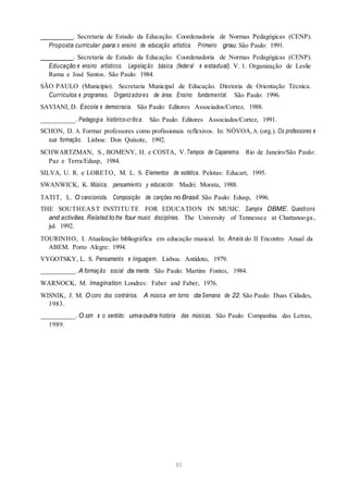 . Secretaria de Estado da Educação. Coordenadoria de Normas Pedagógicas (CENP).
Proposta curricular para o ensino de educação artística. Primeiro grau. São Paulo: 1991.
. Secretaria de Estado da Educação. Coordenadoria de Normas Pedagógicas (CENP).
Educação e ensino artísticos. Legislação básica (federal e estadual). V. 1. Organização de Leslie
Rama e José Santos. São Paulo: 1984.
SÃO PAULO (Município). Secretaria Municipal de Educação. Diretoria de Orientação Técnica.
Currículos e programas. Organizadores de área. Ensino fundamental. São Paulo: 1996.
SAVIANI, D. Escola e democracia. São Paulo: Editores Associados/Cortez, 1988.
__________. Pedagogia histórico-crítica. São Paulo: Editores Associados/Cortez, 1991.
SCHON, D. A. Formar professores como profissionais reflexivos. In: NÓVOA,A. (org.). Os professores e
sua formação. Lisboa: Don Quixote, 1992.
SCHWARTZMAN, S., BOMENY, H. e COSTA, V.Tempos de Capanema. Rio de Janeiro/São Paulo:
Paz e Terra/Edusp, 1984.
SILVA, U. R. e LORETO, M. L. S. Elementos de estética. Pelotas: Educart, 1995.
SWANWICK, K. Música, pensamiento y educación. Madri: Morata, 1988.
TATIT, L. O cancionista. Composição de canções no Brasil. São Paulo: Edusp, 1996.
THE SOUTHEAST INSTITUTE FOR EDUCATION IN MUSIC. Sample DBME. Questions
and activities. Related to the four music disciplines. The University of Tennessee at Chattanooga ,
jul. 1992.
TOURINHO, I. Atualização bibliográfica em educação musical. In: Anais do II Encontro Anual da
ABEM. Porto Alegre: 1994.
VYGOTSKY, L. S. Pensamento e linguagem. Lisboa: Antídoto, 1979.
__________. A formação social da mente. São Paulo: Martins Fontes, 1984.
WARNOCK, M. Imagination. Londres: Faber and Faber, 1976.
WISNIK, J. M. O coro dos contrários. A música em torno da Semana de 22. São Paulo: Duas Cidades,
1983.
__________. O som e o sentido: umaoutra história das músicas. São Paulo: Companhia das Letras,
1989.
83
 