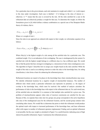 For a particular class in the given domain, each rule maintains its weight and a label (+ or -) with respect
to the class under investigation. Each case is labelled + if it belongs to the class of interest or otherwise. A ‘*’ means that the case is covered by the rule. All the rules satisfied for a case in the
refinement data set collectively produce a weight for that case. To determine this weight, we follow the
formulation given in [4] which defines evidence combination as a special case of the Dempster-Shafer
theory of evidence, that is:
n

F ( w1 ,..., w n ) = 1 −

∏(1− w

j

), n >= 1

(2)

j =1

Where w is weight of rule J.
Since the rules in our approach are ordered with respect to their weight, we reformulate equation (2) as
follows

∏ (1 − w )+ Max[w], n >= 1
n

F ( w) = F ( w1 ,..., w n ) = 1 −

j

j =1

Where Max[w] is the highest weight of a rule among all the satisfied rules for a particular case. This
combined weight F(w) is an indication of rule overlapping. The case is misdiagnosed by the system if a
satisfied rule with the highest weight belongs to a different class (i.e. has a different sign). We would
like to find the points that have strongest overlapping (i.e. interaction) of rules where misdiagnoses exist.
The algorithm in Figure 5 describes how to assign case weights based on the rules satisfied. While the
weight of the rules is used as an ordering criterion to order the rules in the knowledge base, for aiding
classification, it also forms a basis for enhancing the refinement process.

Refinement locations are meant to be places in the knowledge base where misclassification may occur.
We identify refinement locations by a negative weight of misclassified instances. The number of
different rules which satisfy a particular refinement case represents its potential, i.e. the degree of
overlap in the knowledge base, which must be resolved. Our method of analysis calculates the
performance of rules in the knowledge base with respect to the refinement data set. For each stored case,
all the satisfied rules are identified. It is common to find multiple rules satisfied for a given case. The
problem of misclassification appears when rules of incorrect conclusions are satisfied for the case.
Because of this, we separate these rules into two groups one group corresponds to the active hypothesis
(the class of the misdiagnosed case) for the refinement location, and the second group contains rules
concluding other classes. We would like to determine the point at which the refinement would produce
the optimal result with respect to increased performance of the knowledge base, and least refinement
effort with respect to number of refinement operators implemented. Finding such an optimal refinement
is not possible, but the case weight as calculated in Figure 5 is a useful heuristic indicating areas of high
interest for possible refinements. Figure 3 summarises the refinement process.

15

 